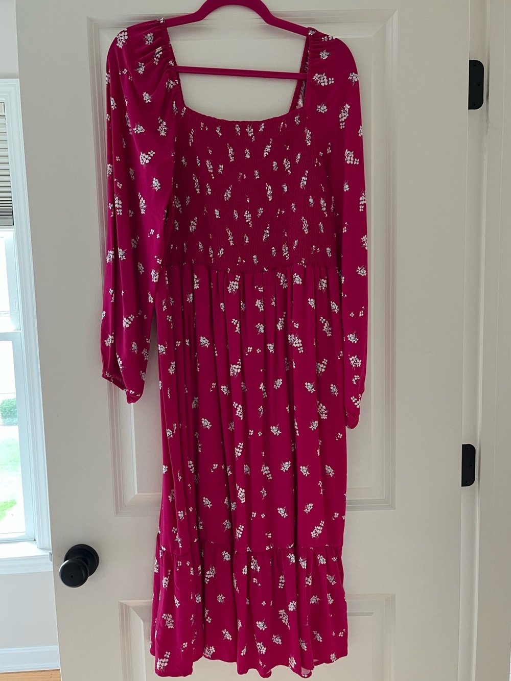 NWT Gap Bold Pink Floral Long-Sleeve Midi Dress with Shirred Bodice